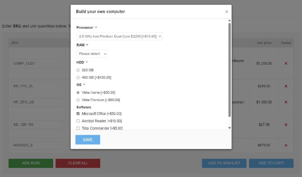 product attribute selection on quick bulk order nopcommerce plugin